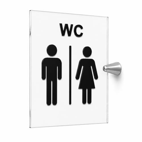 Cartello WC Donna, o Uomo a Bandiera in Plexiglass Trasparente, con Pittogrammi Neri in Rilievo, 15x20 cm, con Supporto in Metallo,