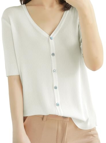 Cárdigan elegante de verano de manga corta para mujer, tallas grandes, suéter de punto fino, cuello en V, chaqueta de verano, cárdigan ligero con botones, cárdigan de punto fino