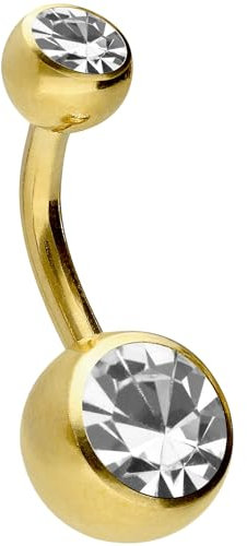 PIERCINGLINE Bauchnabelpiercing aus Chirurgenstahl mit 2 Kristallen - Bananabell Piercing in Goldfarben/Kristallfarbe: Kristallklar - Größe: 12 mm