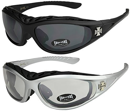 X-CRUZE 2er Pack Choppers 911 Sonnenbrillen Motorradbrille Sportbrille Radbrille - 1x Modell 01 (schwarz/schwarz getönt) und 1x Modell 05 (silber/annährend transparent) - Modell 01 + 05 -