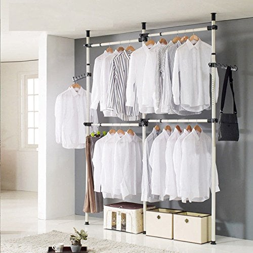Heavy Duty Clothes Rack, Telescopic Coat Hanger Wardrobe Organiser, Hanging Rail, Garment Rack, Stainless Steel Poles and Bars, 60kg Loading per Horizontal Bar, Height Adjustable (3 Poles 4 Bars)