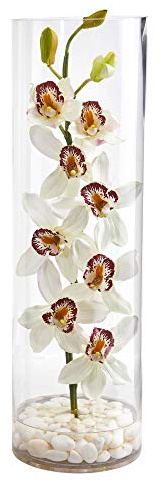 Nearly Natural Cymbidium - Vaso cilindrico alto con orchidee artificiali, in seta, colore: bianco