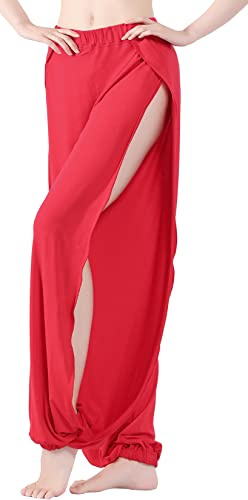 Hoerev Pantaloni da donna morbidi con spacco, per danza, yoga, pilates, Rosso, L