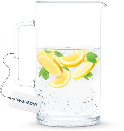 Wessper Glaskaraffe, Glas Krug, Wasserkaraffe, Eistee Krug, Saft Krug ca. 2.5 ltr. aus hitzebeständigem Borosilikatglas für hausgemachte Getränke, Eistee, Milch, Kaffee, Wein