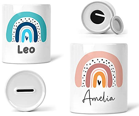 Personalised Rainbow Money Box, Boho or Blue Ceramic Piggy Bank for Kids with Name, Rainbow Bedroom/Nursery Decor, Money Tin, Savings Jar, New Baby Gift