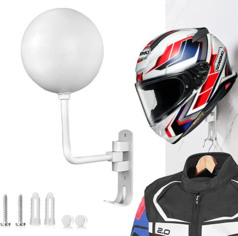 SNAGMO Weiß 180° Motorrad Helmständer, Rotation Metall Helmhalter Wandmontage Helmständer Motorrad mit 2 Haken Helmaufhänger für Motorrad Fahrrad Mäntel, Mützen, Baseballs, Rugby Helm