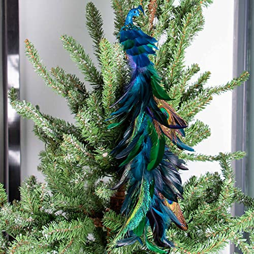 Ercheng 18,9 Zoll Pfau Weihnachtsschmuck, Glitzer Vogel Clip on Künstlicher Pfau Natürliche 3D Pfauenfeder Dekorationen für Weihnachtsbaum, Blau