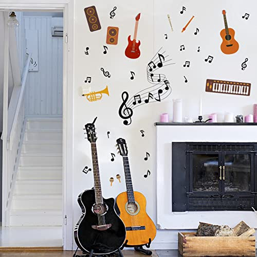 PLIGREAT Bunt Musik Wandaufkleber Niedlich MusikinstrumentGitarre Klavier Musikalischer Musiknoten Wandtattoo für Wohnzimmer Klassenzimmer Musikstudio Dekoration