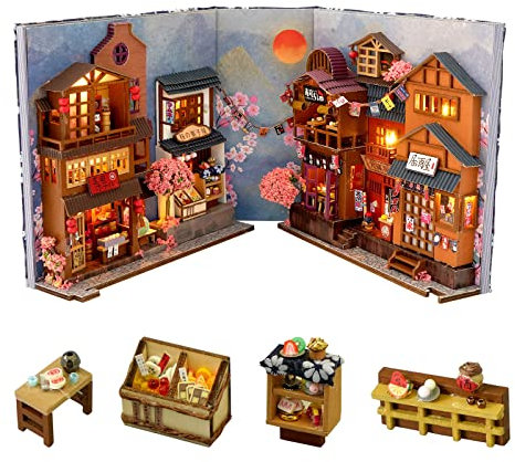 Cuteefun DIY Book Nook Buchecke, DIY Miniatur Puppenhaus Bausatz mit Möbeln, Modellbausätze für Erwachsene zum Bauen, Bauen Sie Ihr eigenes Bastelhaus Modell(Kirschblüten Gasse)