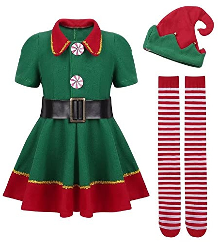 AudMsier Mädchen Fest Elfen Kostüm, Weihnachtskarneval Rollenspiel Kostüm | Kleider, schwarze Gürtel, Elfenmütze und Socken. Hautfreundliches Polyester, Ideal für Fotografien und Familienpartys