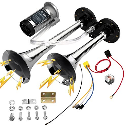 WADEO, Clacson da 12 V, con doppia tromba, super forte, in zinco cromato placcato, con compressore, per qualsiasi veicolo a 12 V, per camion, treni, barche, auto, furgoni (colore argento)