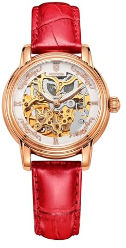 ROCOSJEWE Damen Armbanduhren Japanische Automatik Mechanische Uhr für Frauen Wasserdicht Analog Uhr mit Echtleder Skelett Luxus Klassisch Elegant 206, rot