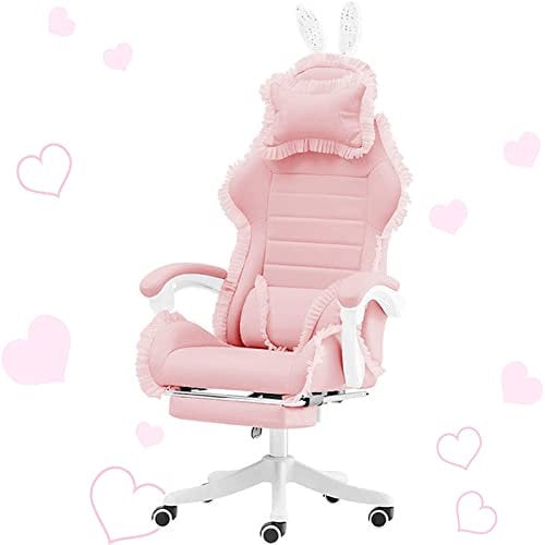 Gaming Chair for Girls/Women, Video Game Chairs with Bunny Ears and Lace Racing Office Computer Chairs with Headrest and Lumbar Support Desk Chair for Adult Teens,Pink