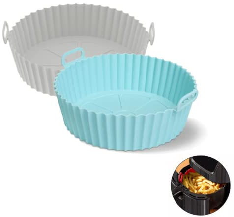 BADIU 2ud Cesta de silicona 20,5cm - Freidora aire – Olla silicona reutilizable para Airfryer, Horno y Microondas- Accesorio bandeja redonda reusable Airfryer (2ud 20,5cm, Azul/Gris)