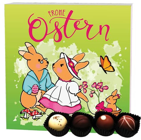 Hallingers Hasenfamilie - Ostergeschenke für Osterkörbchen zu Ostern, Pralinen handmade ohne Alkohol (Box) - Geschenk im Sommer & als perfektes Grillgeschenk | Glückwunsch Glückwünsche Freundschaft Ge