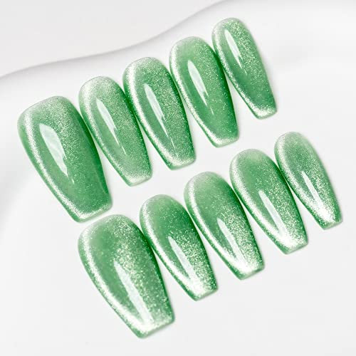 Sun&Beam Nails Handmade Press-On Medium Long Coffin Ballerina with Mint Green Cat Eye Design Charm Cute False Nail Tips 10 Pcs (#88 XS)