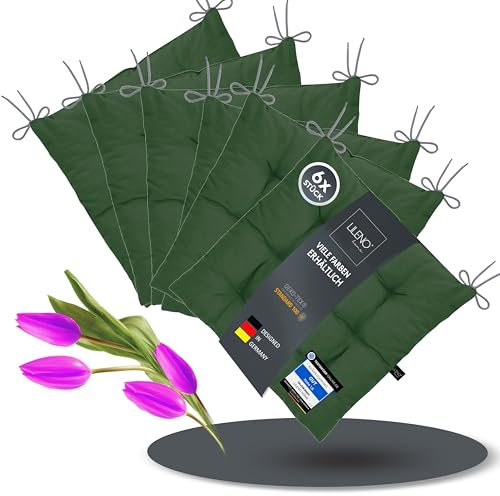 LILENO HOME 6er Set Stuhlkissen 25 Dunkelgrün (40x40x6 cm) - Sitzkissen für Garten, Küche oder Esszimmer - UV-beständige Indoor u. Outdoor Stuhlauflage als Stuhl-Kissen (Linda FUM)