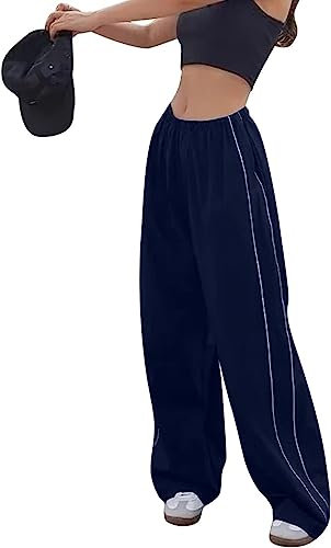 Odizli Cargohose Damen Baggy High Waist Vintage Y2K 2000er Cargo Fallschirm Hose Track Pants Frauen Hip Hop Fallschirmhose Jogginghose Trackpants Teenager Mädchen Streetwear mit Taschen Marineblau L