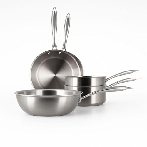 MENASTYL - Batterie de cuisine 5 pièces inox 18/10 Triply tous feux dont induction fabriquée en France sans PFAS - Compatible lave-vaisselle - 2 poêles, 2 casseroles, 1 wok - Poignée rivetée - 6014204