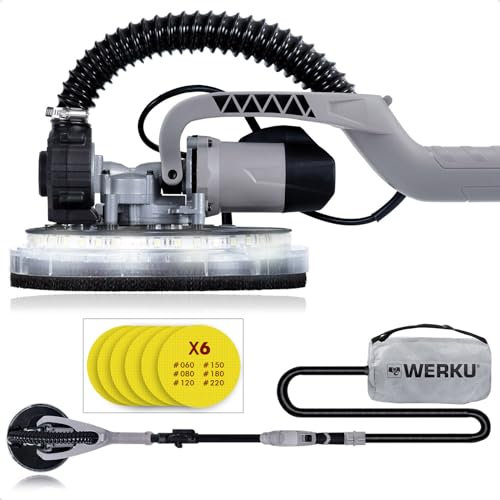 Werku WK403070 + 6 Lijas, Lijadora Circular Paredes-Techos Auto-Aspirante, Calidad Profesional, Potencia 750 W, 225 mm, Sistema Luz LED, Incluye 6 Discos Lijado, Manguera Aspiración y Bolsa Transporte