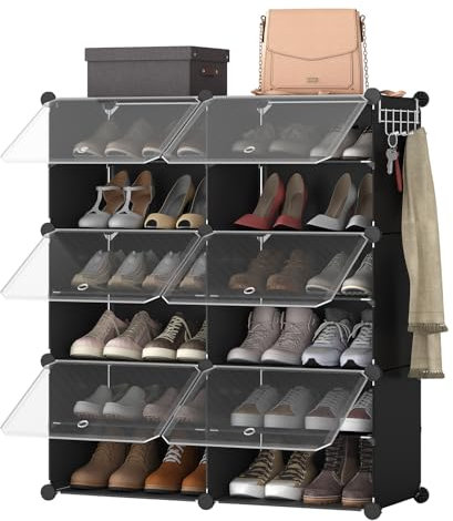 HOOBRO Mueble Zapatero, 6 Compartimentos, Modular Zapatero, Estantería de Plástico, con Puerta, Compartimento 40 x 30 x 30 cm, para Salón, Pasillo, Entrada, Dormitorio, Negro EBK26SC01G1