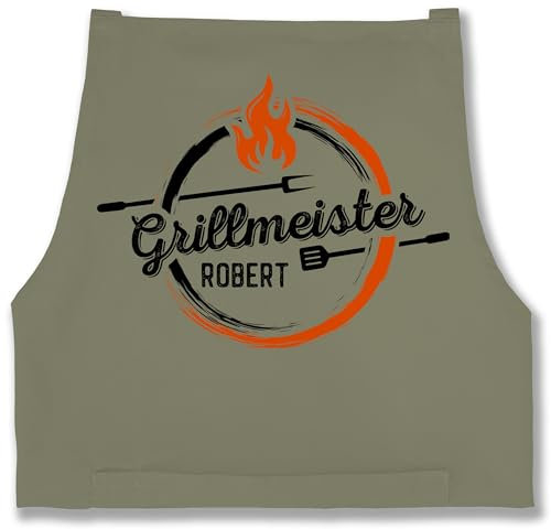 Schürze - Grillschürze Herren - Grillmeister mit Name personalisiert I Geschenk Männer Grillzubehör I Hobbygriller Geschenke Papa I Vatertag - 85x69 - Sage Grün - für grill-schürze
