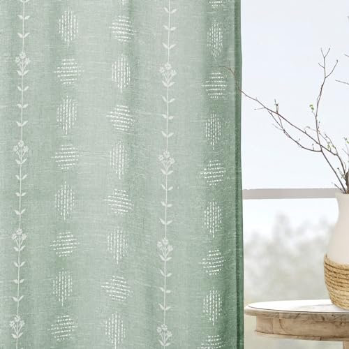 Lino Rosa Bohemian Farmhouse Vorhänge mit Ösen, Boho-Leinen-Vorhänge, 160 cm Länge, für Schlafzimmer, Wohnzimmer, cremefarben auf grauem Grün