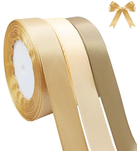qingmeng 66m Satinband Gold Braun, 20mm Geschenkband DIY Handwerk Breit, Schleifenband Hochzeit Stoff, Geschenk Band Geschenkbänder für Taufe Geburtstag Baby Party Deko Geschenkverpackung