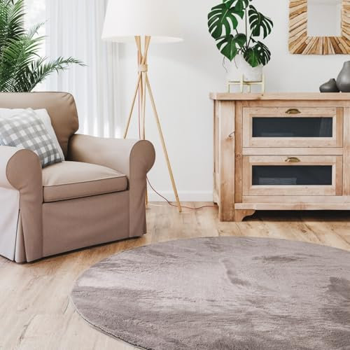 Interiyou Fargo - Teppich Wohnzimmer 200x200 cm Rund Grau - Kurzflor Waschbar und rutschfest - Flauschiger Fellteppich aus Kunstfell - weicher Langflor Fell