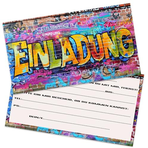 ZELAITE 12x Graffiti EINLADUNGSKARTEN KINDERGEBURTSTAG Junge Mädchen, Stylishe Einladung, Graffiti Einladungskarten Kindergeburtstag (G)