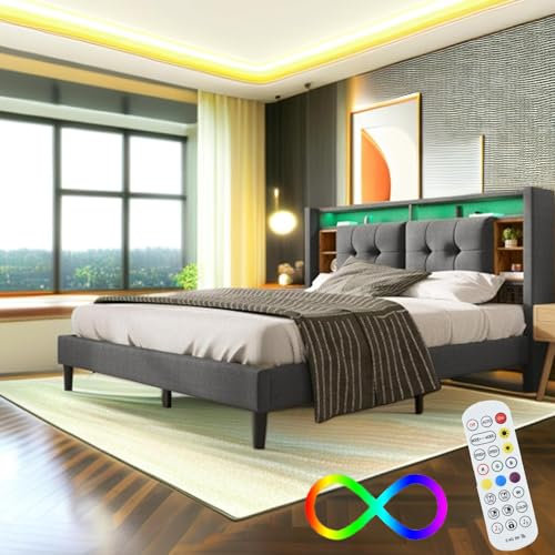 Lit 160x200 Avec Sommier LED Et USB, Coffre De Rangement Et Tête De Lit, Double À Lattes, Rembourré Pour 2 Personnes (Sans Matelas)