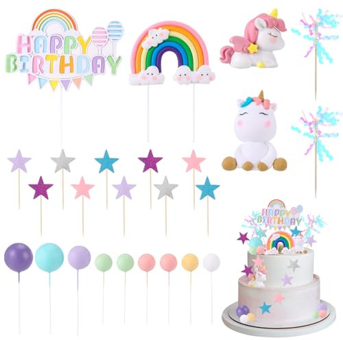 Yamitora 25 Stück Einhorn Tortendeko Geburtstag,Einhorn Kuchendeko Kuchen kinder Einhorn Kuchen Topper Regenbogen Einhorn Happy Birthday Sterne ball Kuchen Deko für Kinder Mädchen Junge