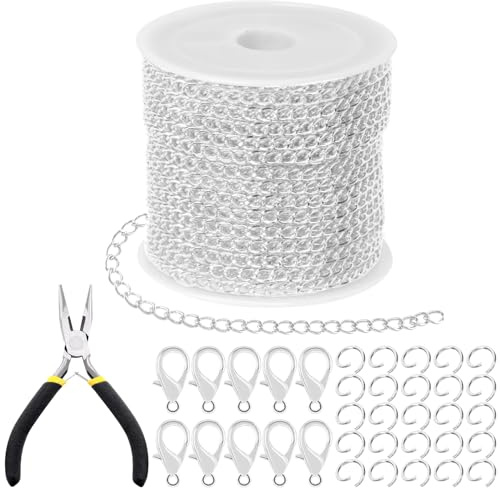 Tanstic 102Pcs 30 Fuß Schmuckherstellung Ketten Halskette Ketten Bulk Kabel Link Kette mit 50Pcs Jump Rings, 50Pcs Lobster Clasps, Zangen für Armband Halskette Making (Silber)