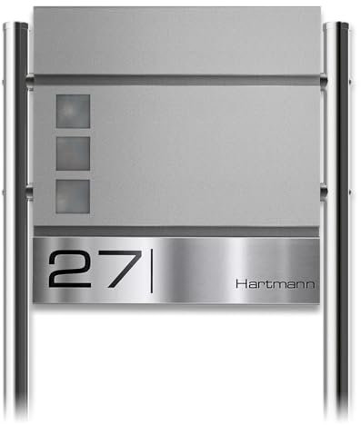 Metzler Standbriefkasten Oltmann mit Edelstahl-Namensschild - Design Briefkasten inkl. Zeitungsfach & Gravur in RAL 9007 Graualuminium - Briefkasten mit Fenster - 37 x 37 x 10,5 cm - Höhe 120 cm