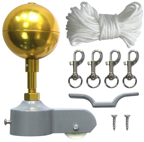 TWSOUL Fahnenmast Zubehör Set,Fahnenmast Reparaturset,Fahnenmast-Reparaturteile inkl.Kugel,Karabiner,Klampe,Topper aus Aluminium mit Seilrolle Flag Parts Kit Ersatzteile Flaggenmast (Metall Seil)