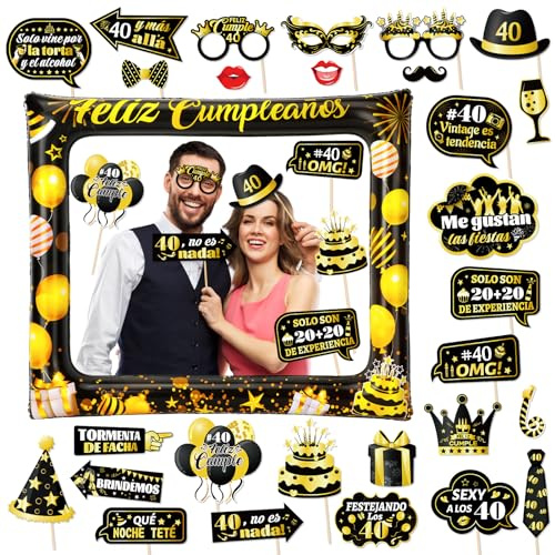 HOWAF Photocall Feliz 40 Cumpleaños 28Pcs Accesorios Photocall 40 Años Foto Props + Marco de Fotos Hinchable Fotocoll de Cumpleaños para Fiesta de Decoracion Oro Negro