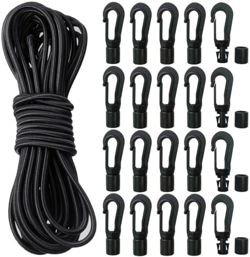 FiTspi 5M Elastic Cord with 20Pcs Bungee Cord End Hooks for Shock Absorbent, Strong Hold - Camping, Kayak Deck, Crafting, Gravity Chair, Marine Nautical Tie-Down