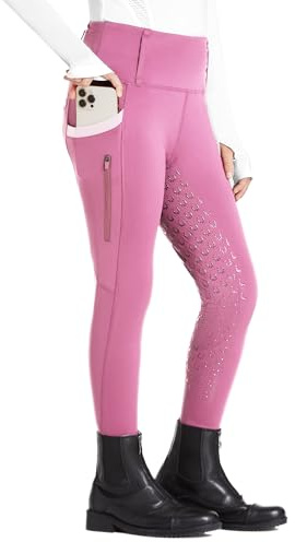 FitsT4 Sports Girls Riding Pants Full Seat High Waist Kids Equestrian Breeches Horse Schooling Tights Zipper Pockets Pink Size M