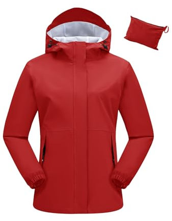 donhobo Regenjacke Damen Wasserdicht Wandern Outdoorjacke Atmungsaktiv Herbst Übergangsjacke Leichte Windbreaker Jacke mit Kapuze, Rot, M