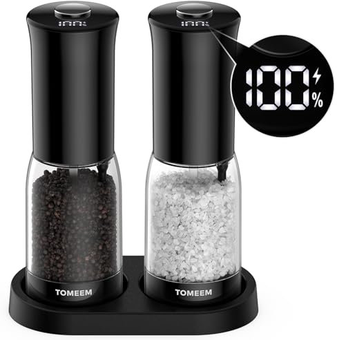 TOMEEM Salz und Pfeffermühlen Elektrisch 2er Set (LED-Display, USB Wiederaufladbarer, Einstellbare Grobheit Keramikmahlwerk, 125ml große Kapazität) Gewürzmühle Elektrisch (Schwarz)