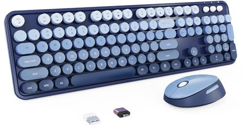 Wireless Keyboard and Mouse Set, Full-Size Typewriter Keyboard with Retro Round Keycaps, Ergonomic Design, Compatible with Windows PCs, Ideal for Home and Office. (Blue)