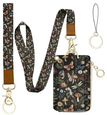 bolimoss Pilz-Schlüsselband für Ausweis, niedliches Damen-Schlüsselband mit Geldbörse, Ausweishalter mit Hals und Handgelenk, Vintage-PU-Leder, Reißverschluss, Ausweishülle mit abnehmbarem