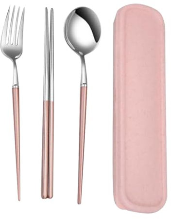 Cabilock Set Di 3 Bacchette E Cucchiaio in Acciaio Inossidabile Utensili Da Viaggio Compatti Per Pranzo Campeggio E Uso Quotidiano