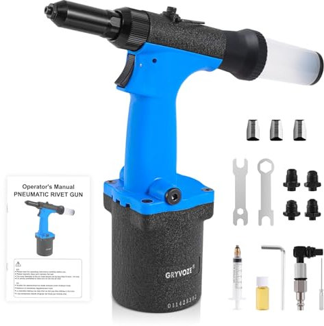 GRYVOZE Pneumatisches Nietpistolen-Kit - Air Pop Nietzange mit 3/32 Zoll, 1/8 Zoll, 5/32 Zoll, 3/16 Zoll Nietdüsen, pneumatische Nietpistole, Selbstabsaug-Design, verbessertes Luftnietzange