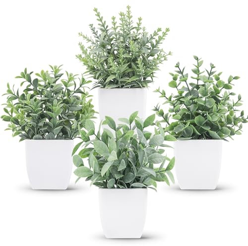 BTSD-home 4 Pack Fake Plants Artificial Plants Indoor Small Faux Plastic Greenery for Bathroom Office Home Desk Table Shelf Decor(Grey)