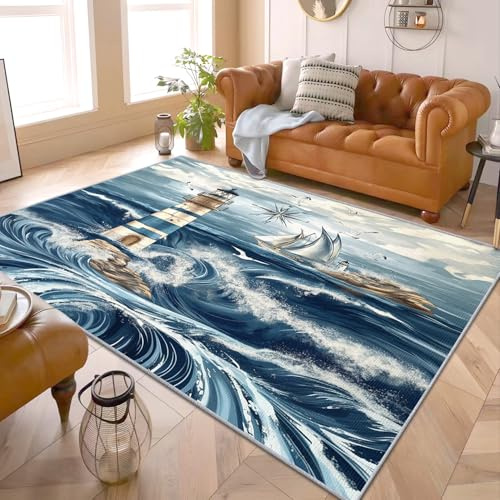PaxGloz Maritimer Teppich Blau - Teppiche Wohnzimmer Schlafzimmer Leuchtturm Motiv, Großer Nautischer Teppich Maritime Deko, Weich Kurzflor & Waschbar & rutschfest Kinderteppich, 140x200 cm