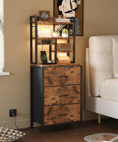 MUTUN Bedside Table with Charging Station and LED Lights, Tall Nightstand with 2 Outlets and 2 USB Ports, Sofa Table with 3 Fabric Drawers and Bookshelf for Living Room, Bedroom, Office (Rustic Brown)