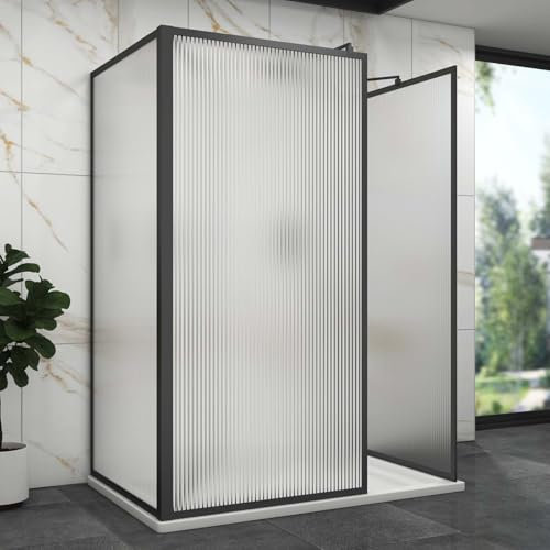 Luxor 3 Sided Fluted Walk in Shower Enclosure with 1700 x 900mm Shower Tray & Matt Black Frame 8mm Easy Clean Toughened Safety Glass Screen