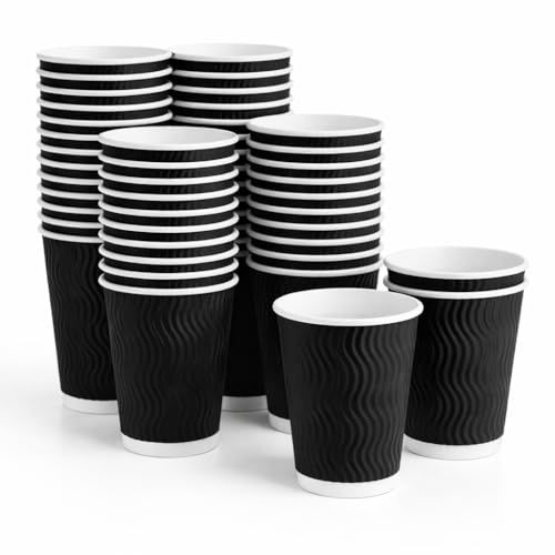 1ABOVE Disposable Insulated Paper Coffee Cups, 8 Ounce, Triple-Ply Ripple Design, Black, 50 Count
