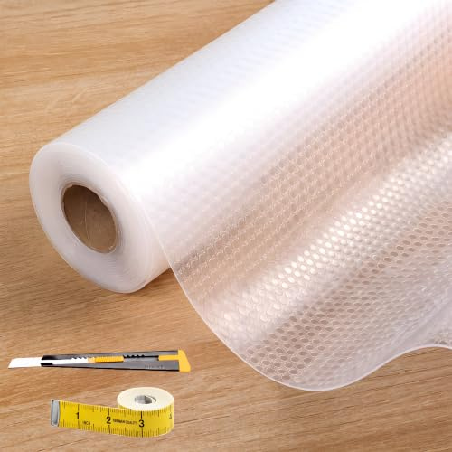 Drawer liners Transparent Food Grade EVA Non-Adhesive Grip Mat 45x900cm | for Kitchen Cabinet Fridge Anti-Slip Shelf Liner, Washable & Oil-Proof, Dotted Design with Knife and Tape Measure